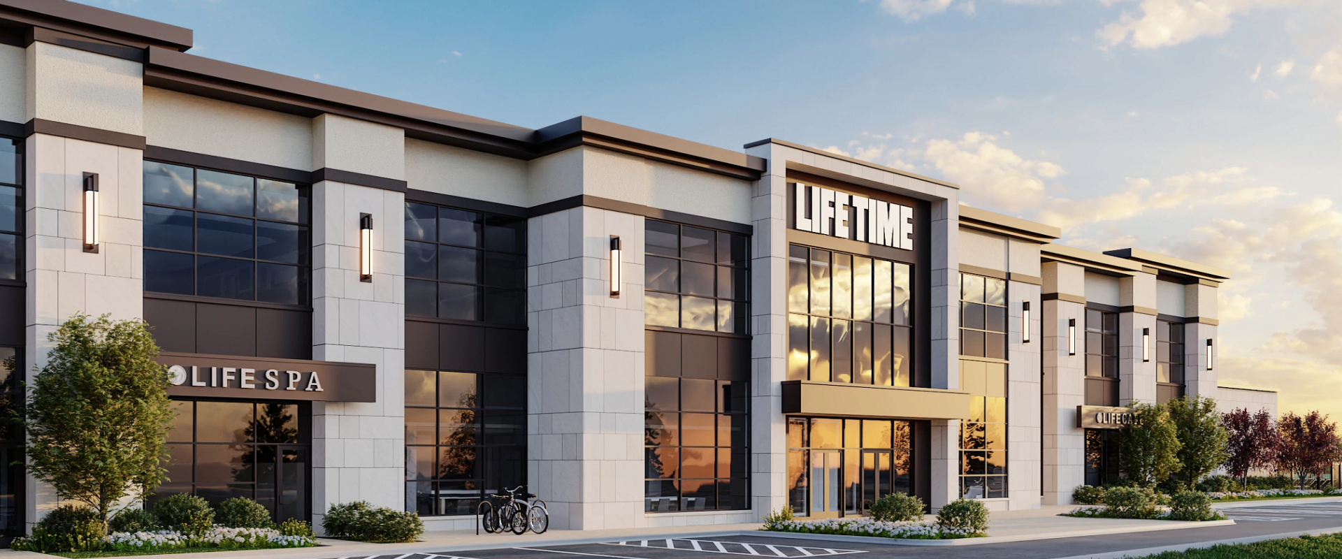 Front entrance to Life Time Zurich location with blue skies.