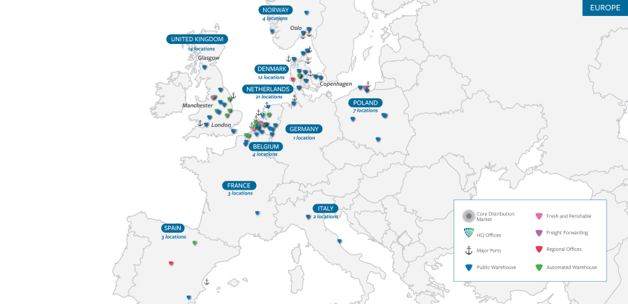 EU Region map of Lineage locations for temperature controlled warehousing