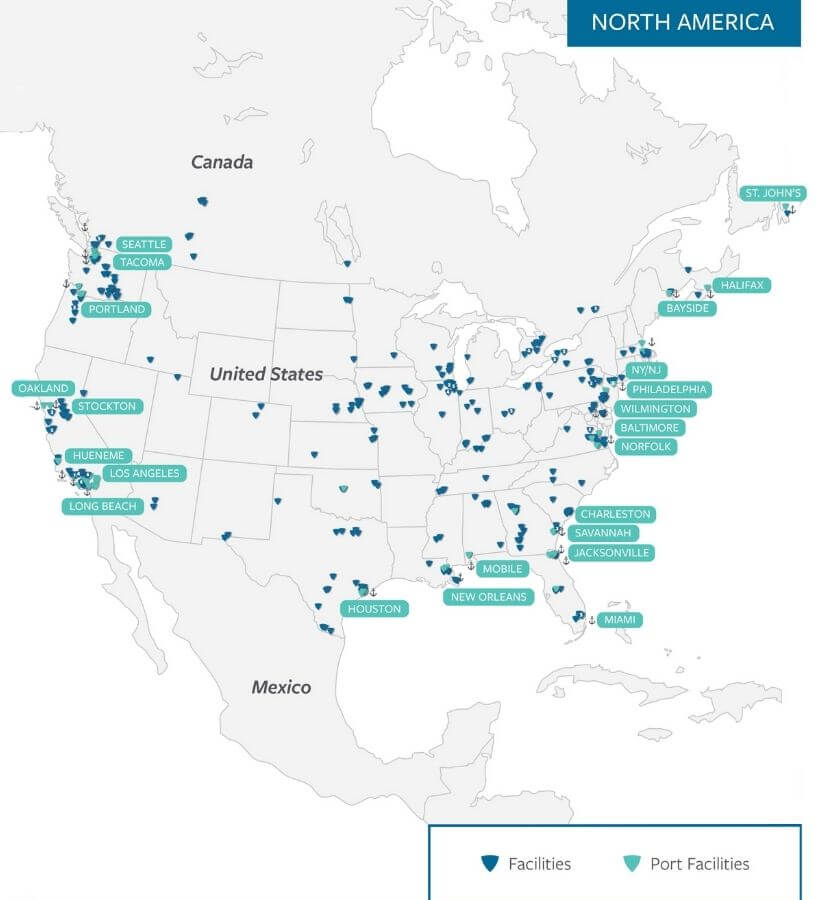 North america port locations map