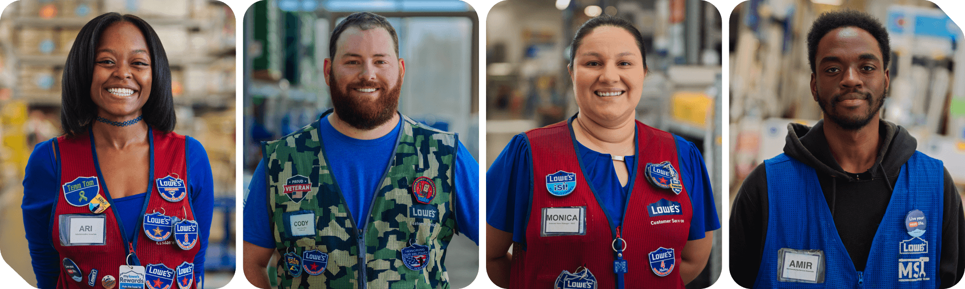 Lowe's associates wearing different vests showcasing their many badges