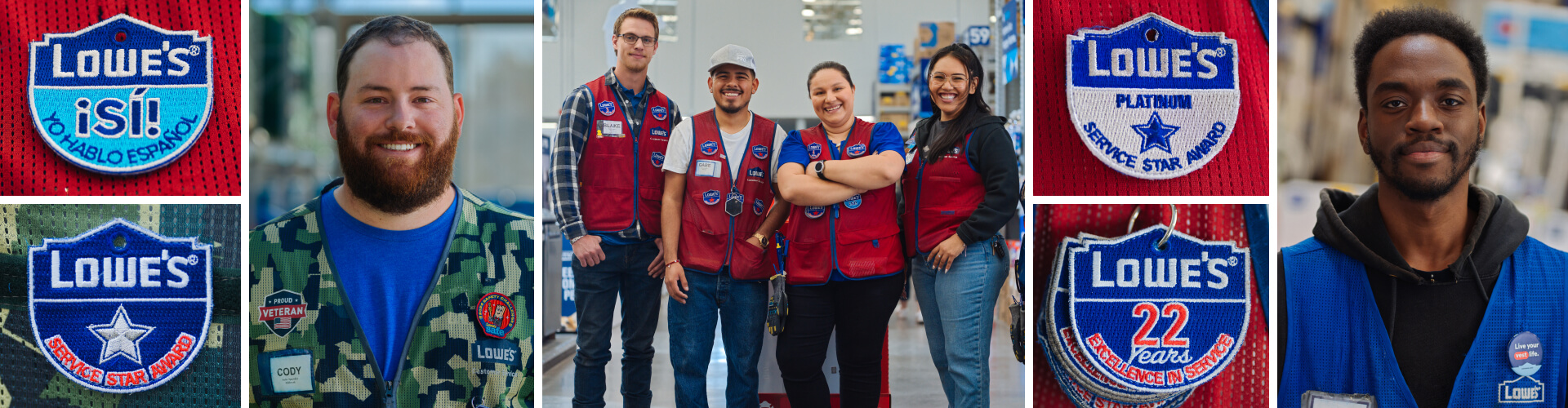 Collage of Lowe's associates, vests, and badges