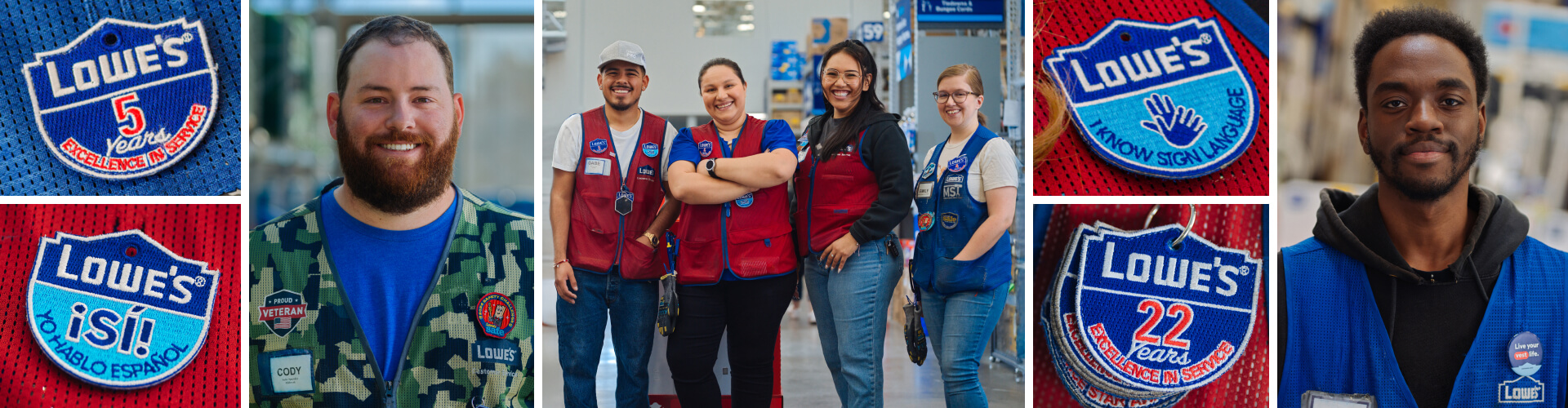 Collage of Lowe's stores associates and various badges