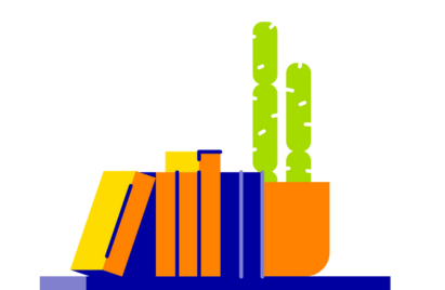 AN animated image of a shelf holding books and a cactus.