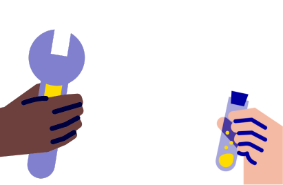 An animated image of a hand holding a spanner and another hand holding a test tube