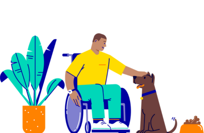 An animated character in a wheelchair petting a dog and a plan beside them 