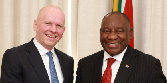 Michael Miebach, Mastercard CEO, with His Excellency Cyril Ramaphosa, President of South Africa during the visit of the Mastercard Global Team to Johannesburg, South Africa on Wednesday, 24 June 2026.