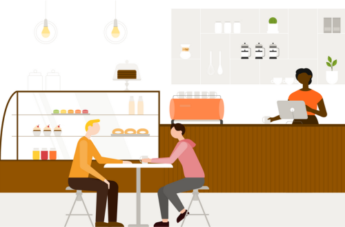 Illustration of a bakery, two men sitting at a table and a woman as a cashier.