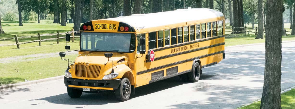 A yellow school bus driving past a scenic park with lush greenery