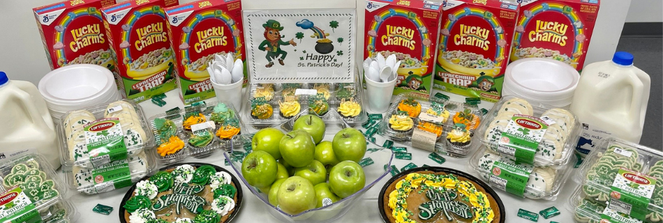 Photo of green food items and Lucky Charms to celebrate March 17th