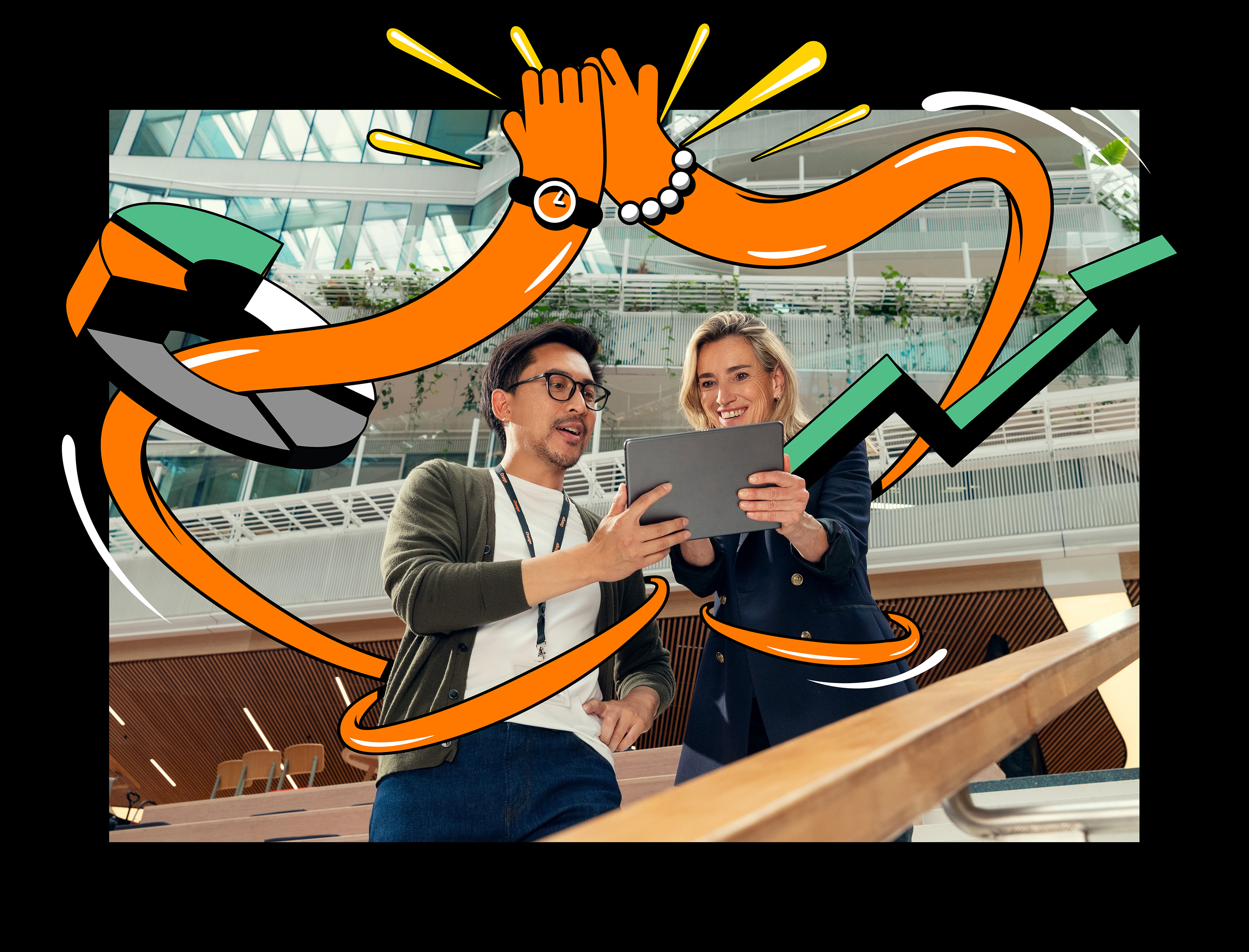 Two colleagues on the stairs with a design around them in black version