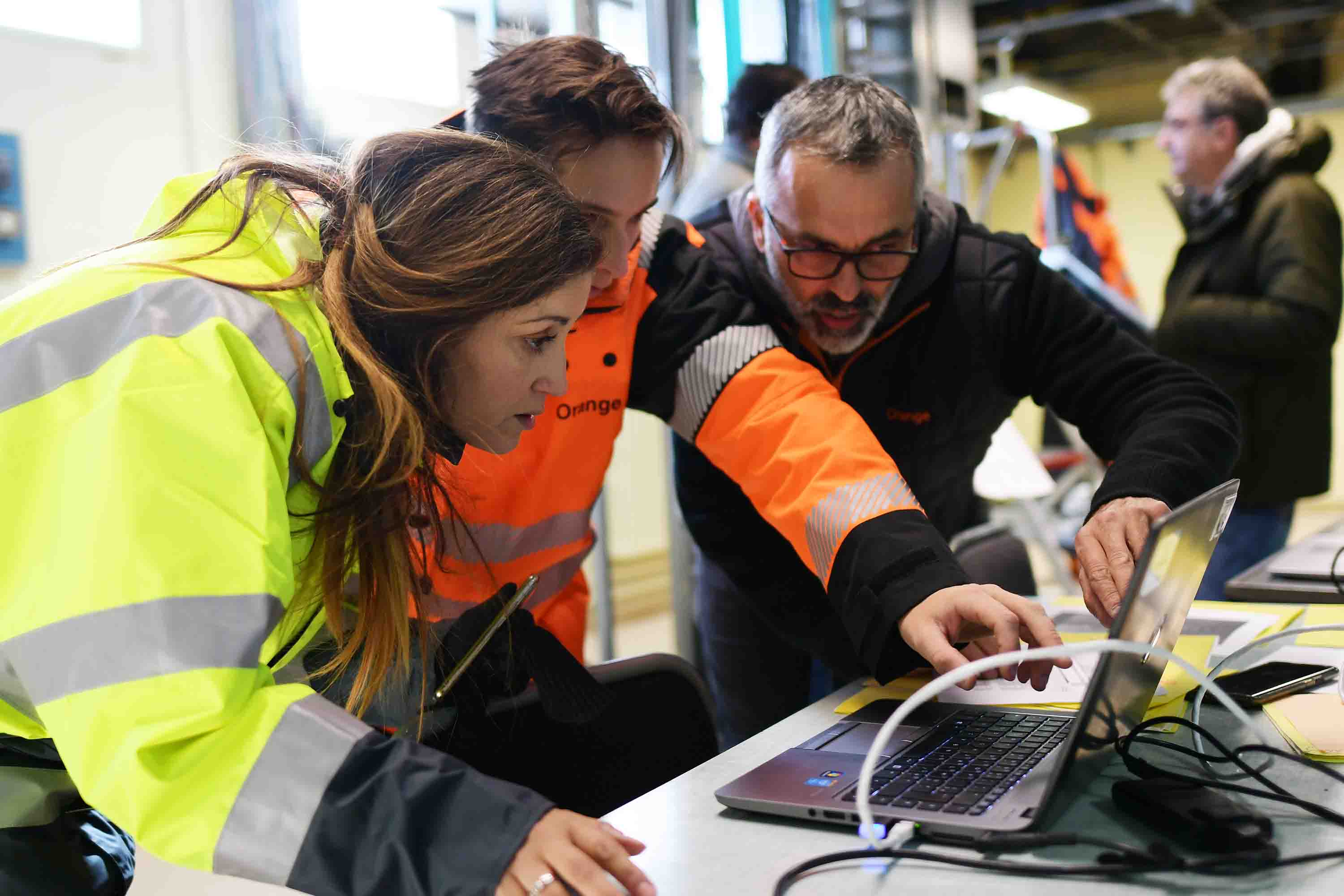 Employees in the field working on a screen