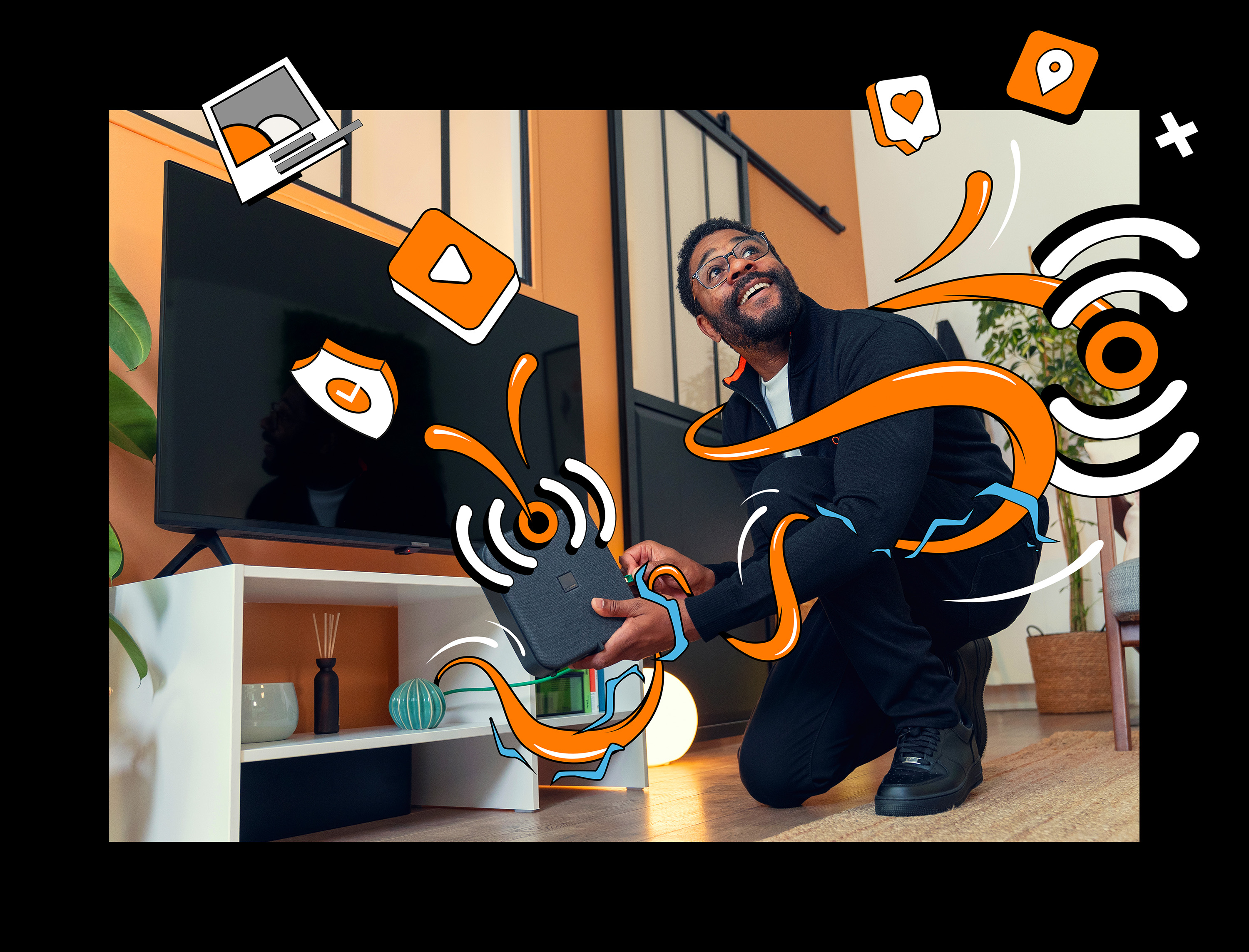 A fiber installer with drawings around them in black version