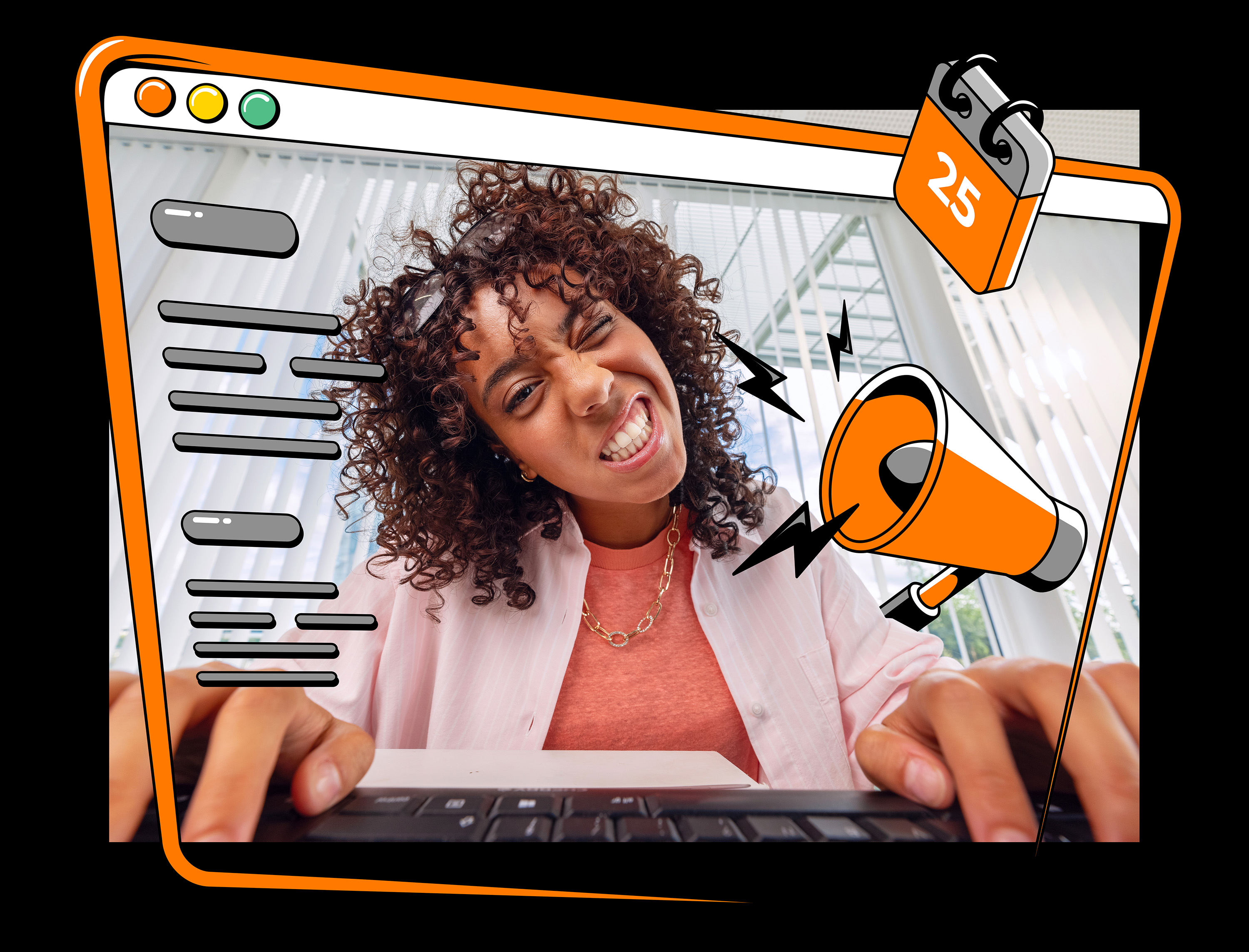 A young woman on her computer with drawings around her in black version