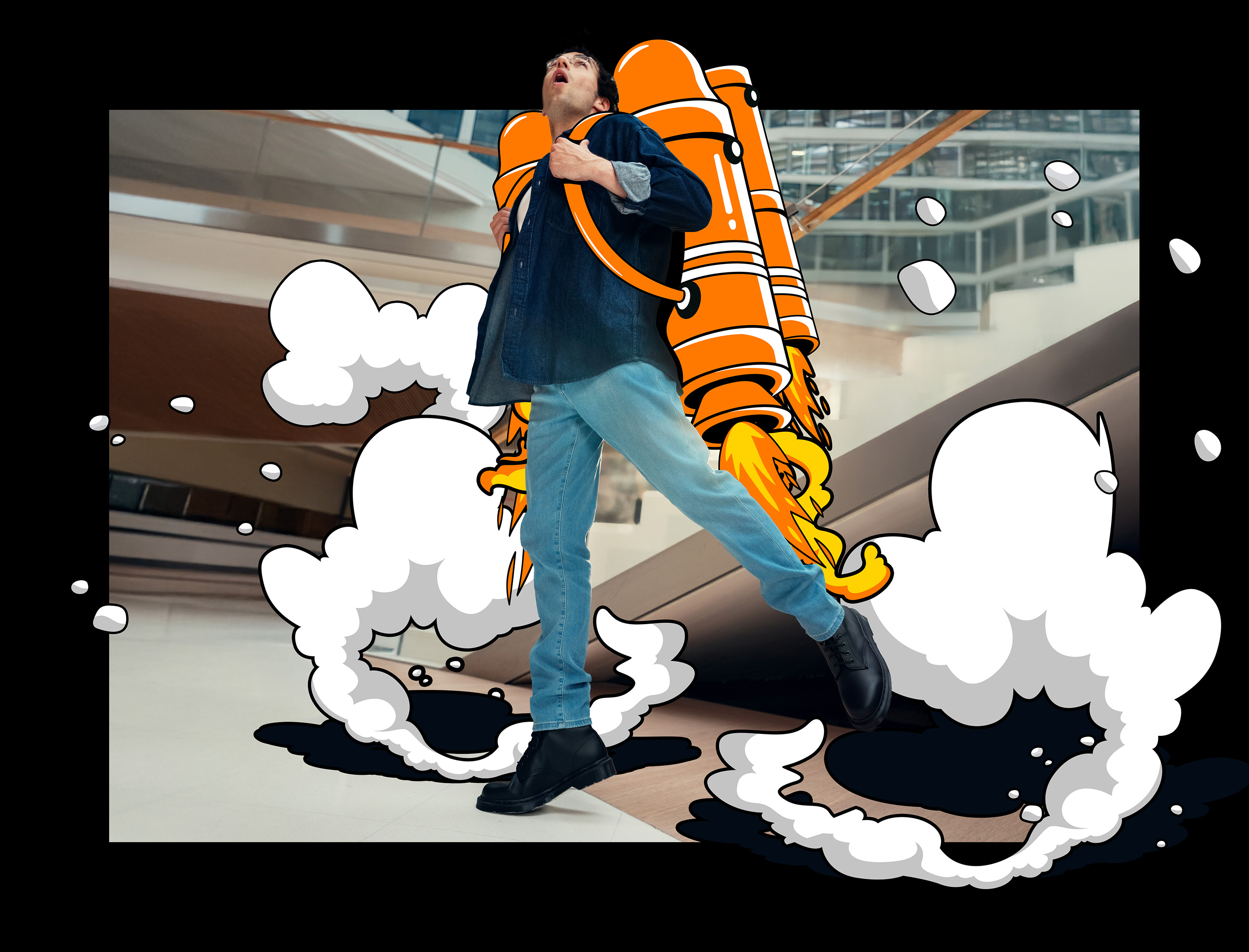 An Orange employee with a drawn jet pack in black version