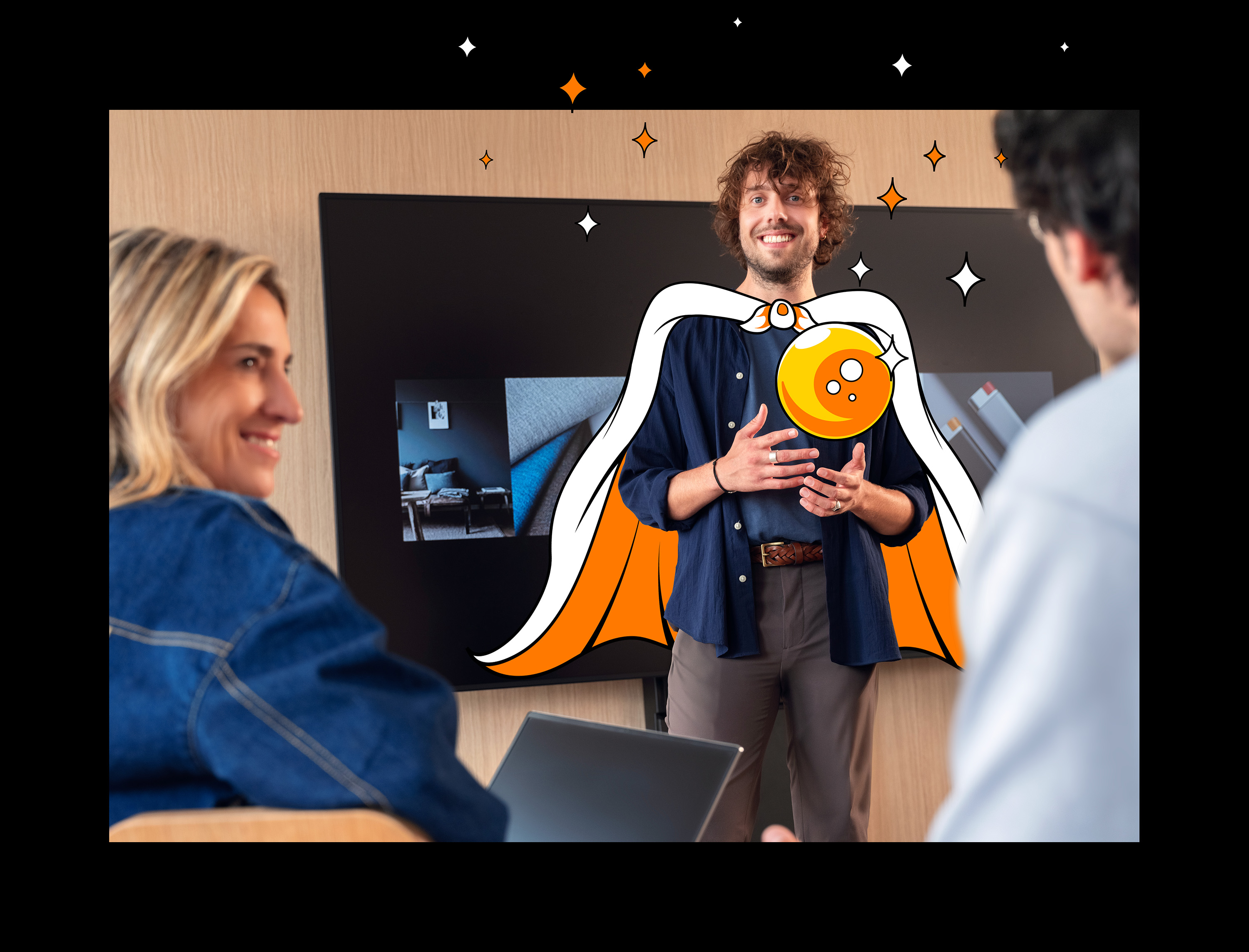 An Orange employee with a drawn superhero cape in black version