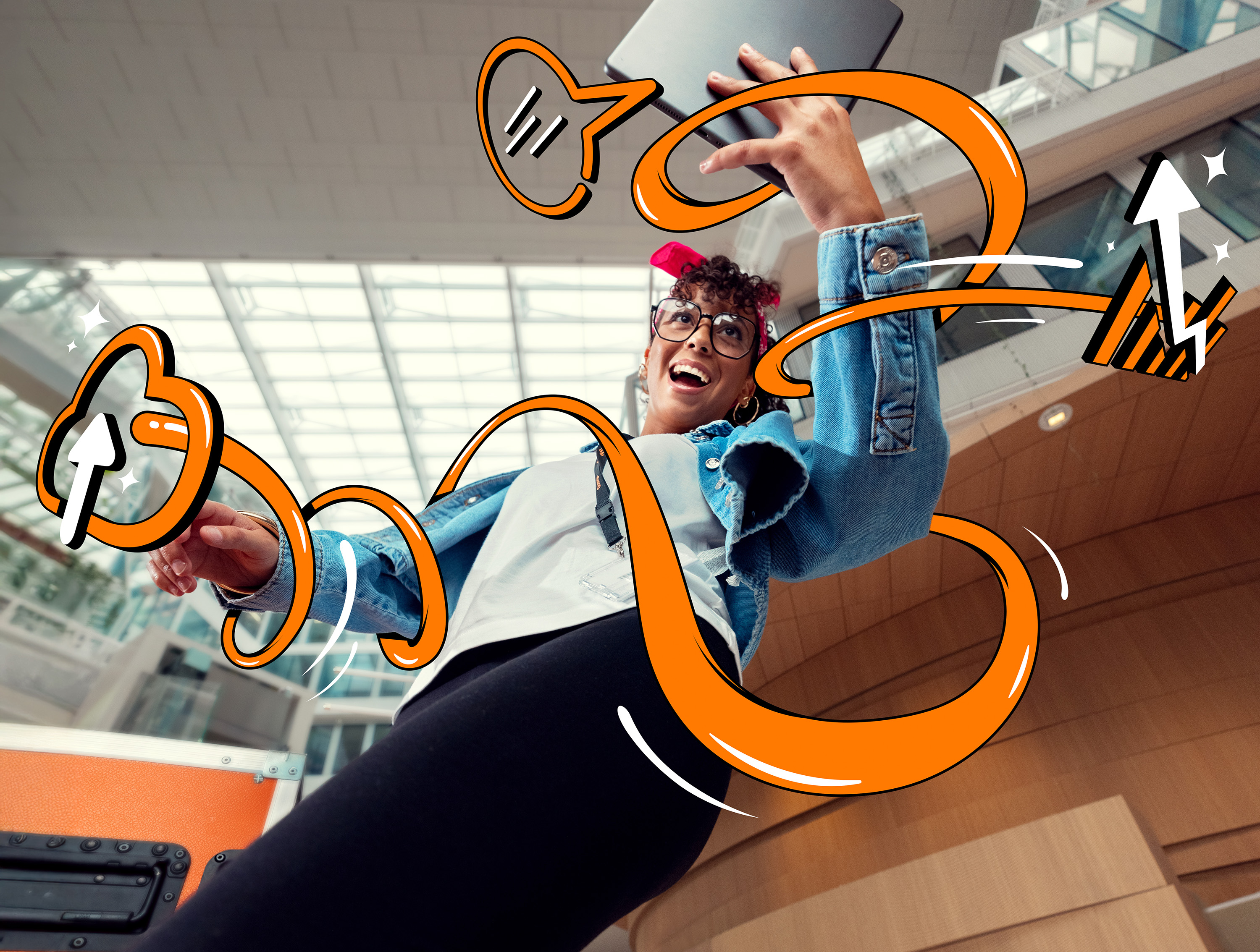 A female Orange employee with graphic elements around her