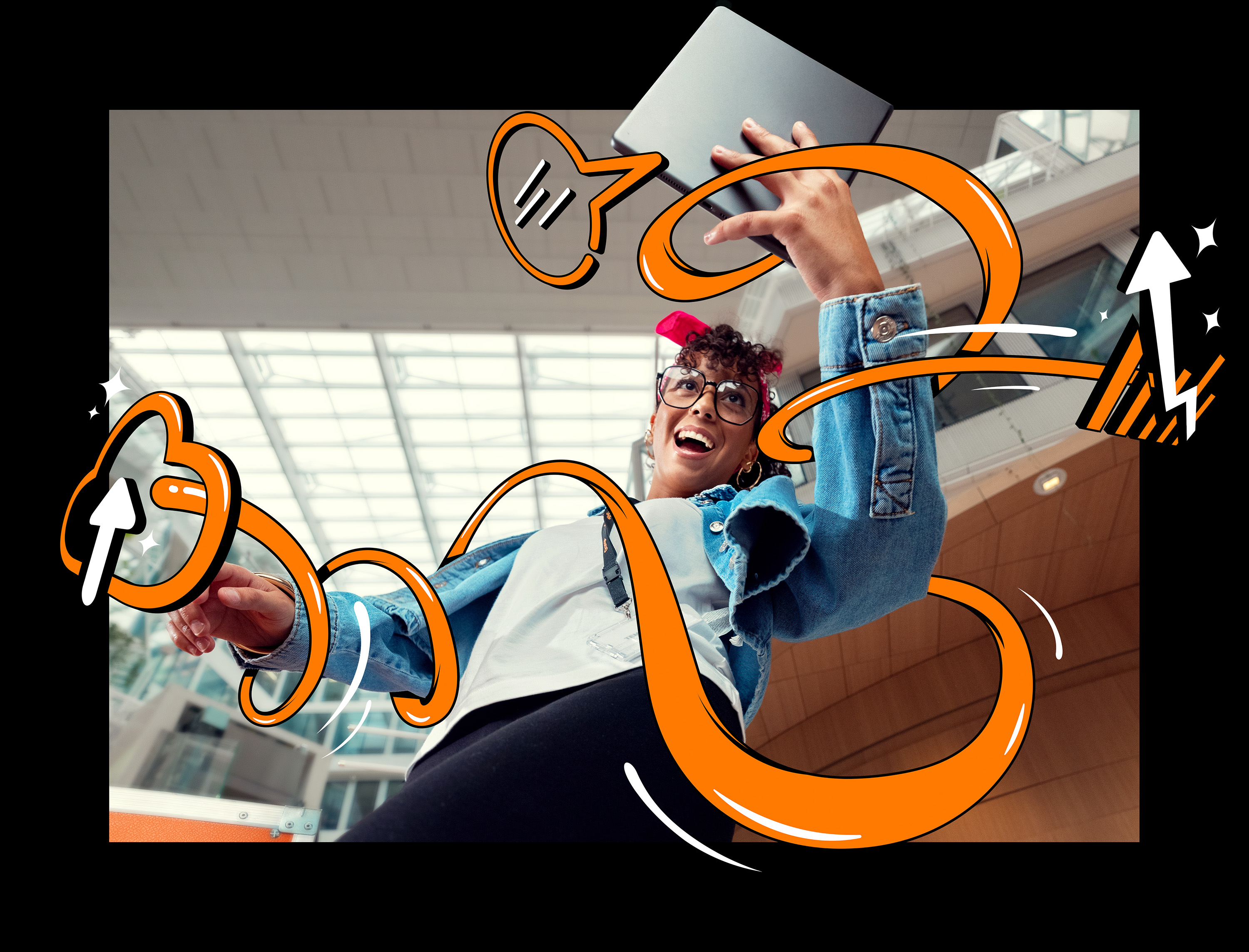 A female Orange employee with graphic elements around her in black version