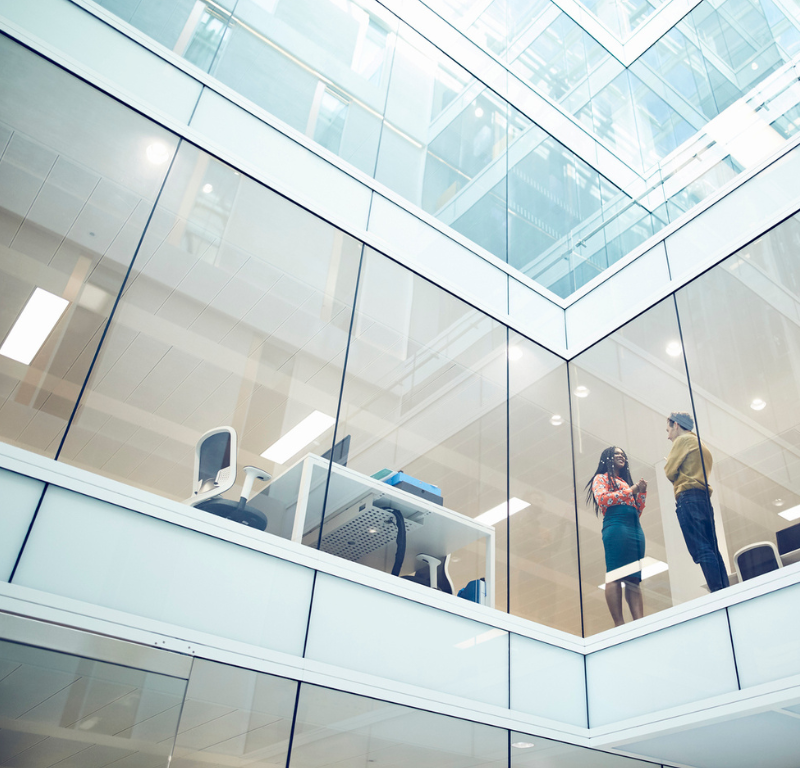 talking in office building