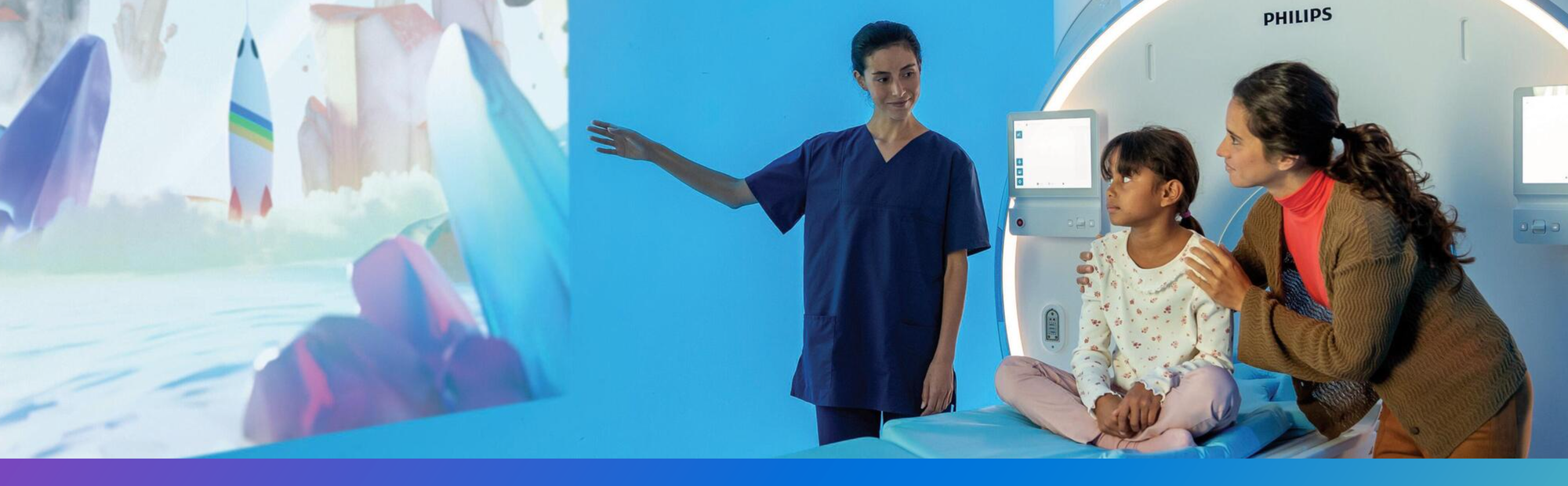 Doctor showing an instructional video to a child who is sitting on an MRI being hugged by her mother. Discover jobs in quality and regulatory at Philips