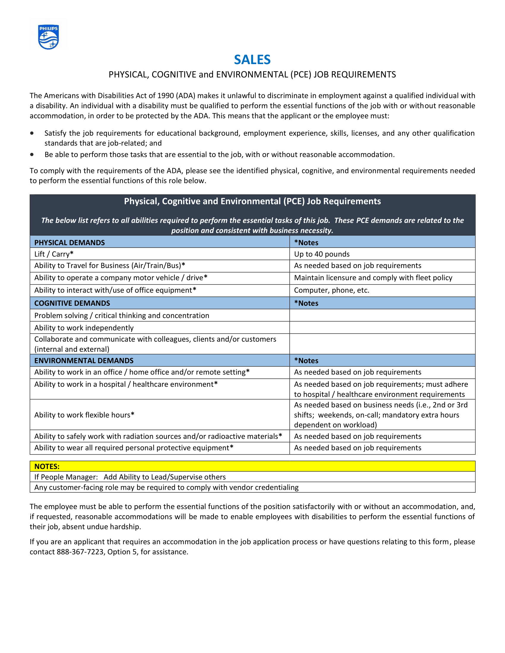 Sales, Physical, Cognitive and Environmental (PCE) Job Requirements PDF