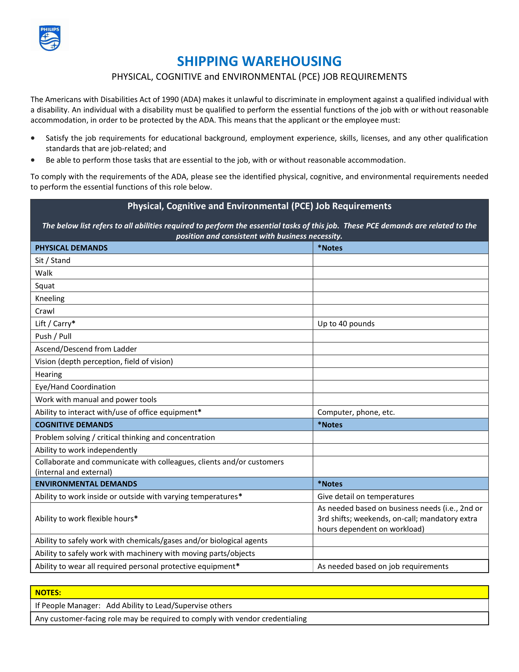 Shipping Warehousing, Physical, Cognitive and Environmental (PCE) Job Requirements PDF