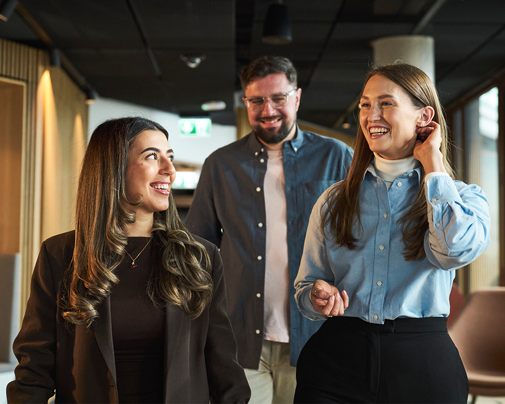 Experts walking in the office and laughing