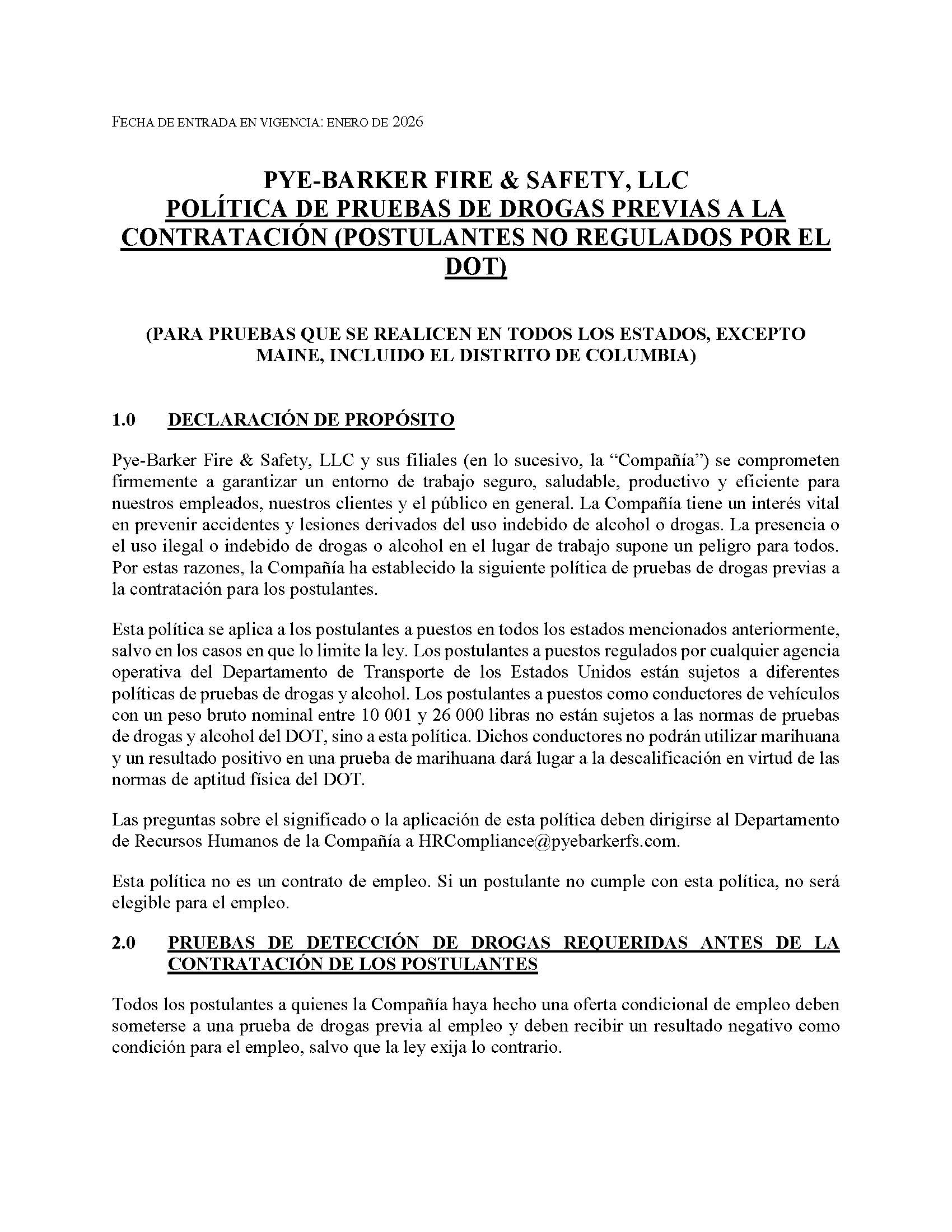 2026Pye-BarkerPre-employmentDrugTestingPolicynon-DOT_Spanish_Page_1