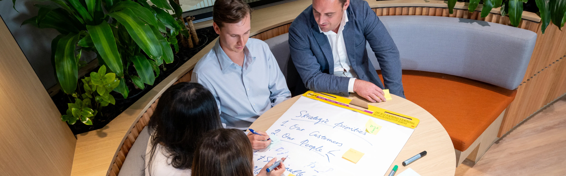 Four people around a table with a flipchart