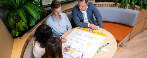 Four people around a table with a flipchart