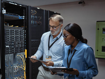 IT technicians using a digital tablet in a server room