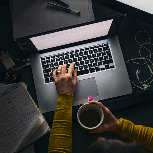 Overhead view of woman working from home