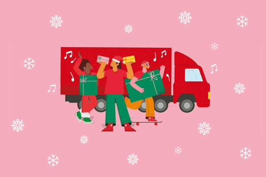People with parcels in front of a lorry