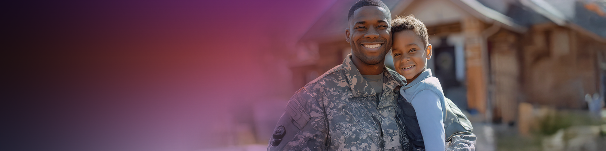 Military father holding son both smiling with dark to light gradient background