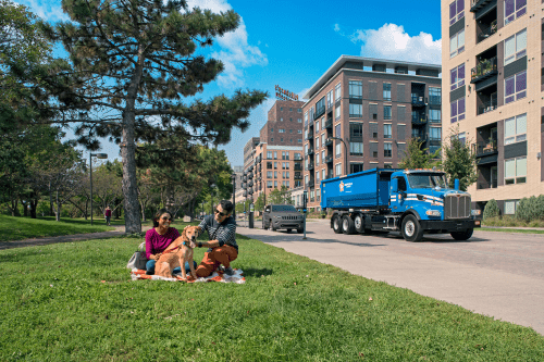 two people and a dog in a park on a blanket, truck driving by in the background on the road