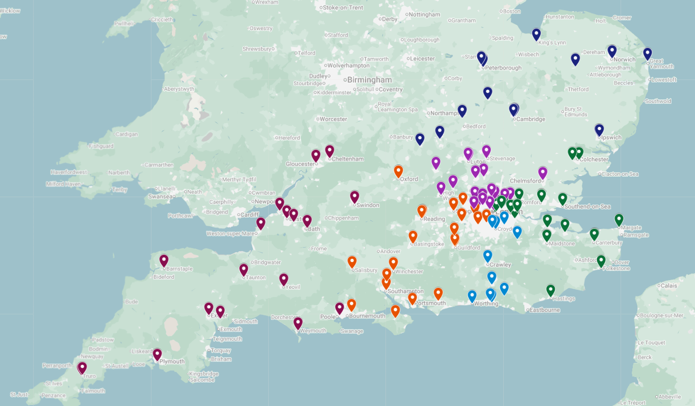 A ma[ with pins in for sites across the South of England