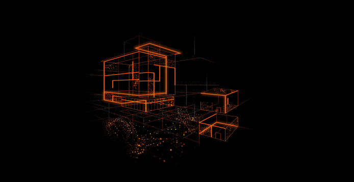 Visualization of an intelligent manufacturing building on black background