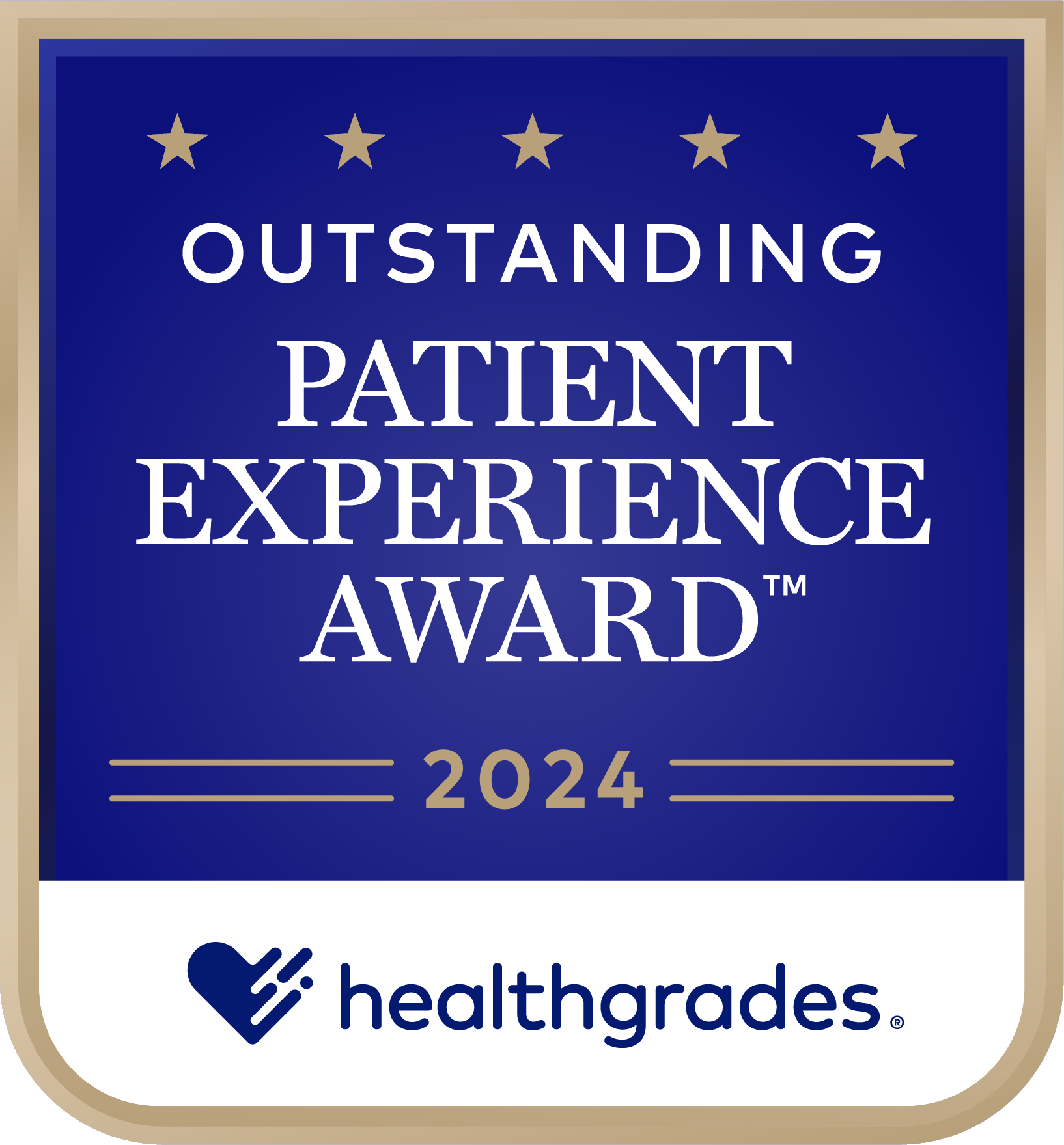 Healthgrades Outstanding Patient Experience Award 2024 badge with a blue background, gold border, stars, and the Healthgrades logo at the bottom.