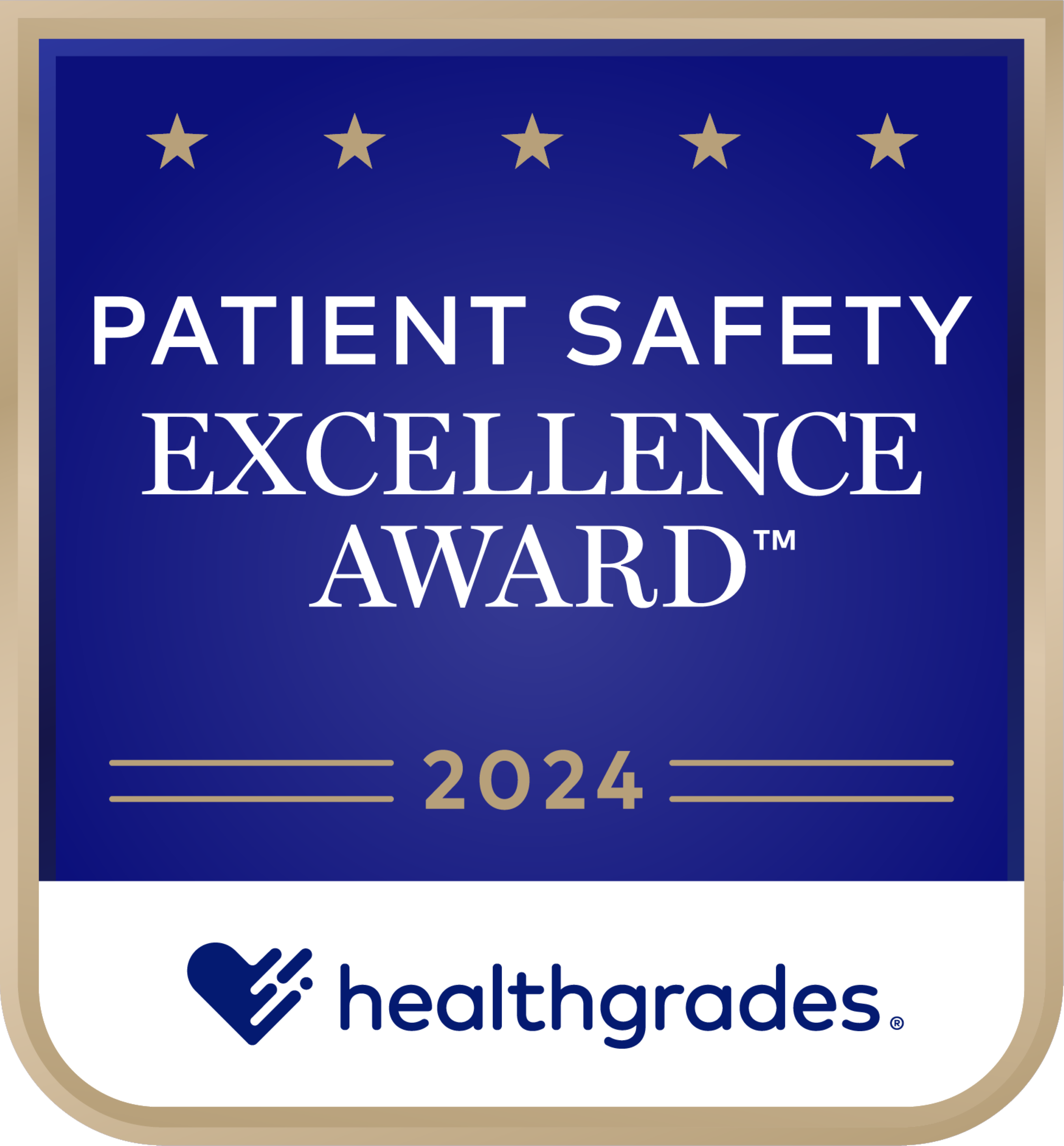 A blue and gold badge with five stars at the top, reading "Patient Safety Excellence Award 2024" and "healthgrades" at the bottom.