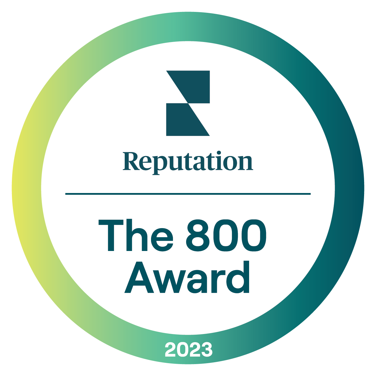 A circular badge with a gradient green border. Inside, the text reads "Reputation The 800 Award 2023" with a geometric logo at the top.