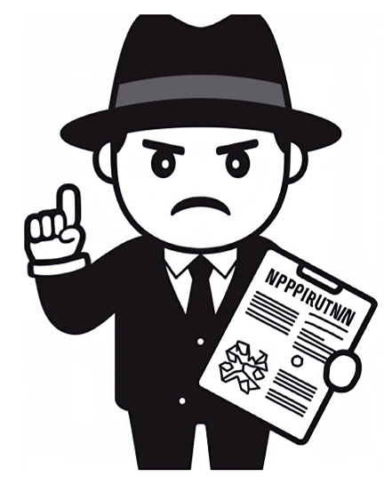 Cartoon figure in a suit and fedora holding up a finger and a clipboard labeled "NPPPIRUTNIN" with a recycling symbol, appearing serious—perfect for illustrating Fraud Detection or Fraud Alert Preview themes.
