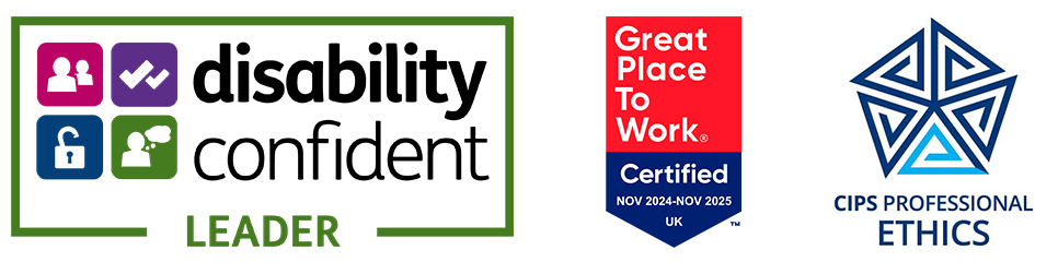 Disability Confident, Great Place To Work and CIPS Professional Ethics logos