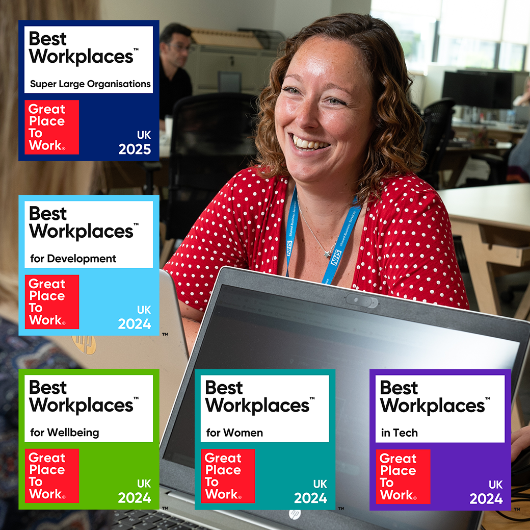 Colleague smiling with Great Place to Work logo in the corner