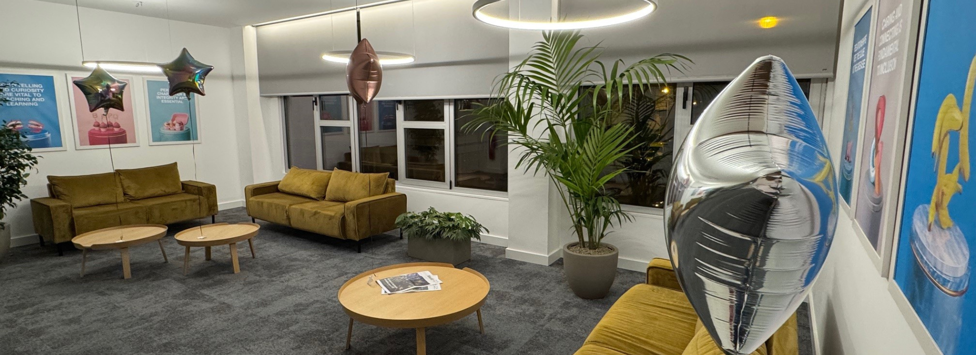A cozy room featuring yellow couches and a large potted plant, creating a bright and inviting atmosphere.