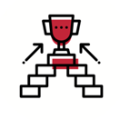 Red background, white outlined diagram of arrows going in an upward direction next to a human icon.