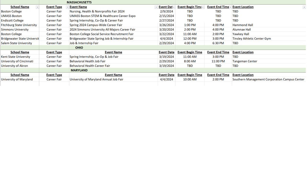 University Recruiting Calendar Hiring Events | Sevita