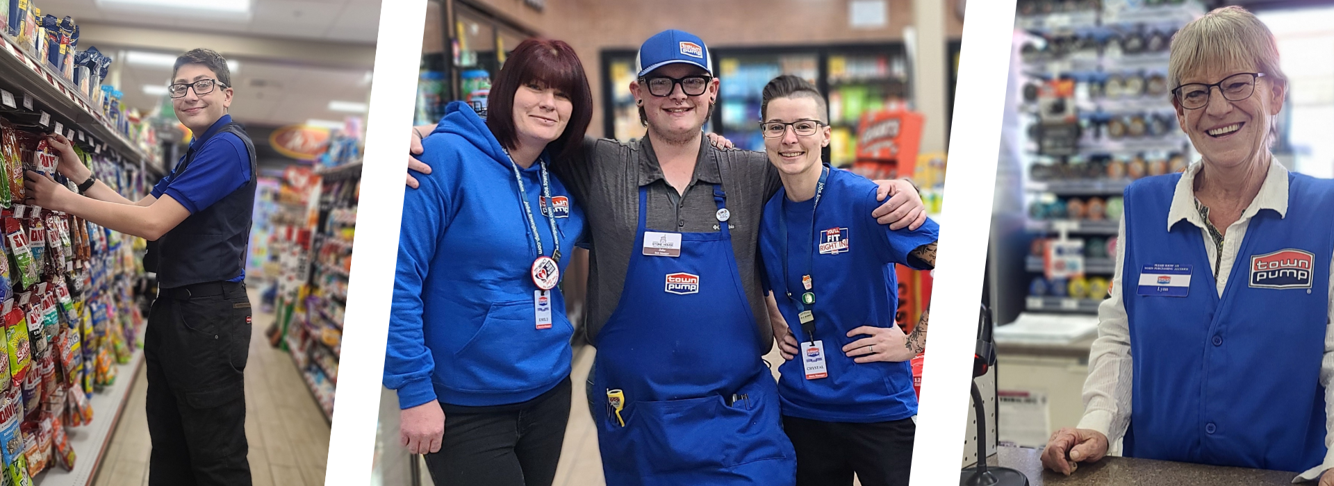 Convenience store employees smiling