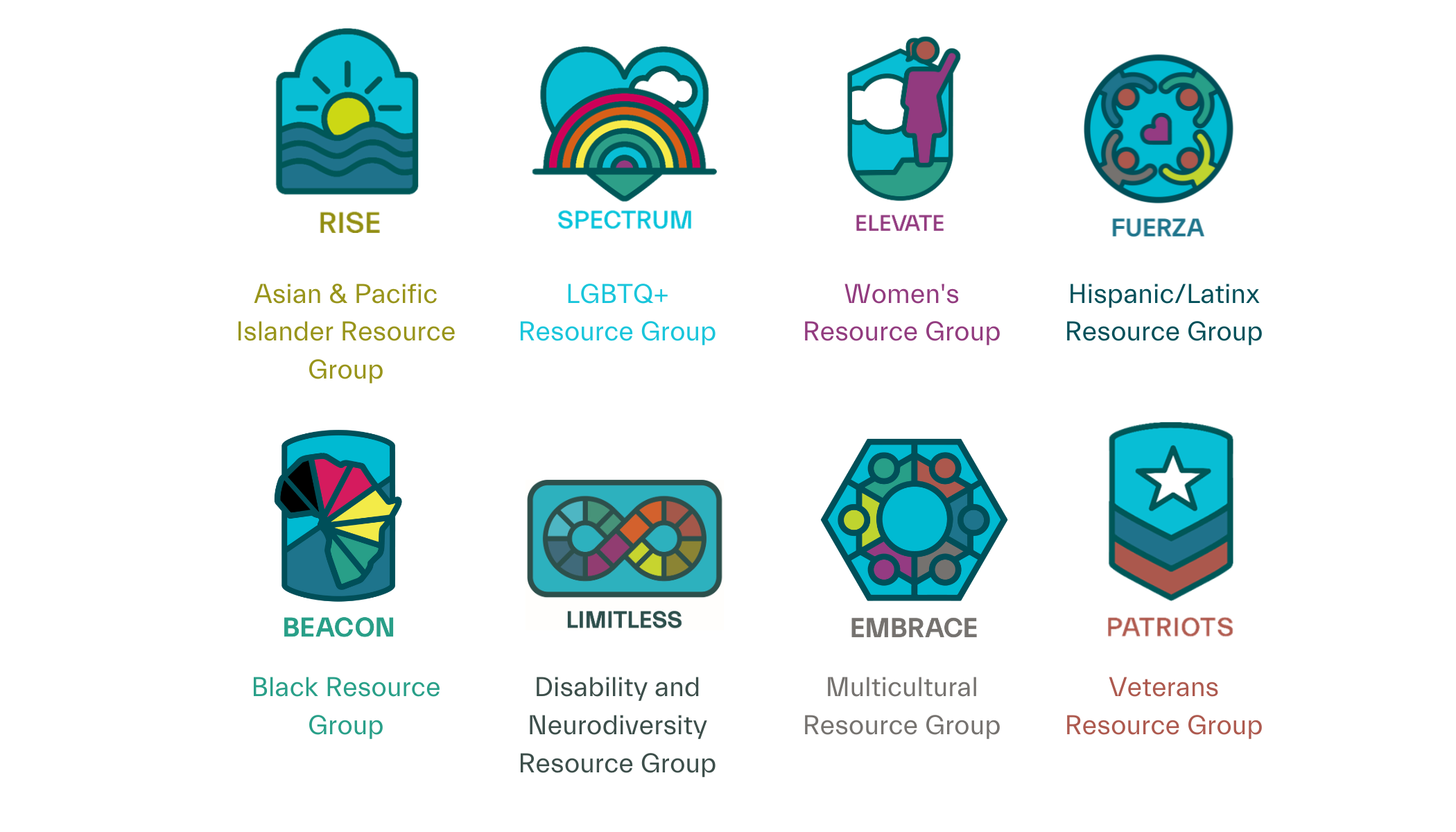 description of the 8 business resource groups: rise, spectrum, elevate, fuerza, beacon, limitless, embrace, and patriots.