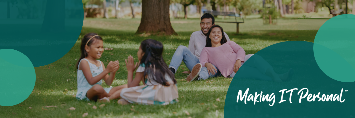 A family in a park with a border of green circles
