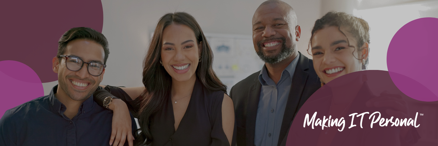 Coworkers standing together and smiling with a border of purple circles