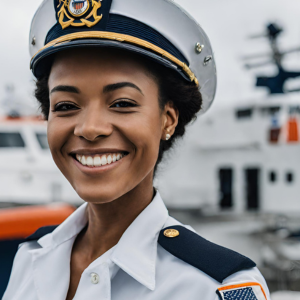 Women in navy uniform and hat smiling